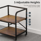 2 Tier Under Desk Printer Stand, Large Printer Table with Height Adjustable Shelf, Rolling Printer Cart with Industrial Wheels for Home Office, Scanner Fax (Rustic Brown) - Image 3