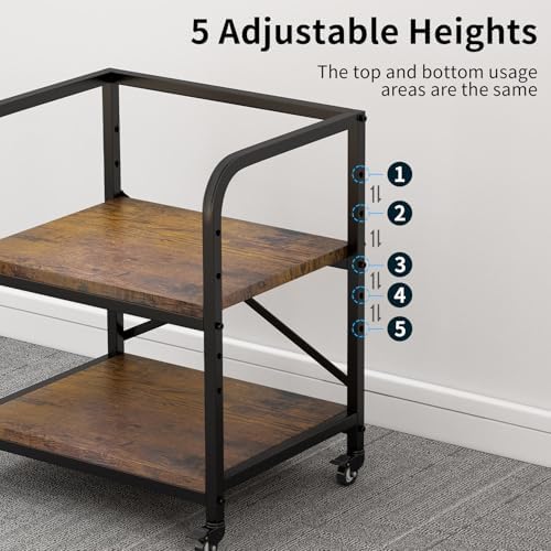 2 Tier Under Desk Printer Stand, Large Printer Table with Height Adjustable Shelf, Rolling Printer Cart with Industrial Wheels for Home Office, Scanner Fax (Rustic Brown) - Image 3