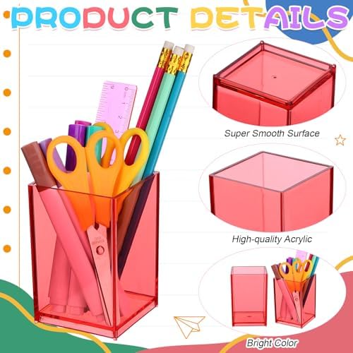 18 Pack Colorful Clear Acrylic Pen Holder Acrylic Square Pencil Organizer Rainbow Colors Pencil Holder Makeup Brush Holder Desk Pencil Cup Stationery Organizer for Desk Dorm Home Office Supply - Image 3