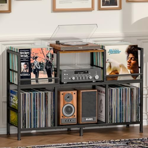 Record Player Stand with Dual Display Bins Storage for 300+ Vinyl Records by Sonyabecca