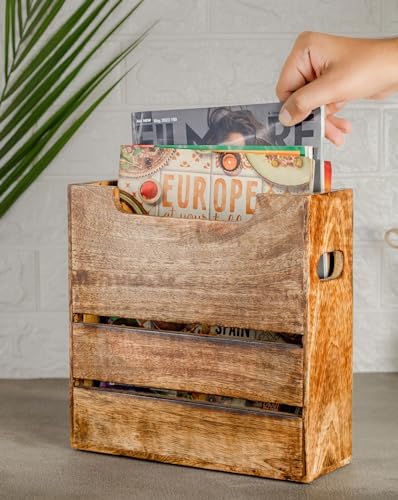 Mie Creations Wooden Magazine Holder with Handle, Newspaper Basket 10'' - Image 4