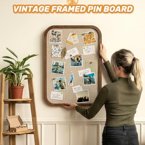 Large Linen Bulletin Board 30" x 20", Framed Pin Board with 50 Push Pins, Vintage Cork Board for Wall, Fabric Covered Bulletin Board for Bedroom, Office, School - Image 6