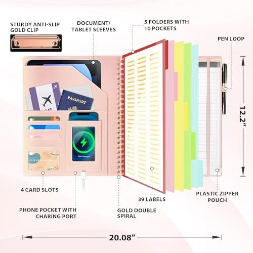Ospelelf Clipboard with Storage Spiral Clipboard Folio for Letter Size,Organizer Folder with Zipper Pouch and 5 Dividers,Leather Portfolio for Office, School Rose Gold - Image 2
