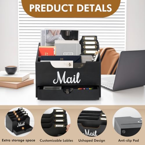Rustic Wood Mail Organizer Countertop with Drawer, 4-Slot Removable Divider Mail Sorter, Black Desktop Mail Holder, Multi-Functional Bill File Stationary Organizer for Home Office Classroom - Image 4