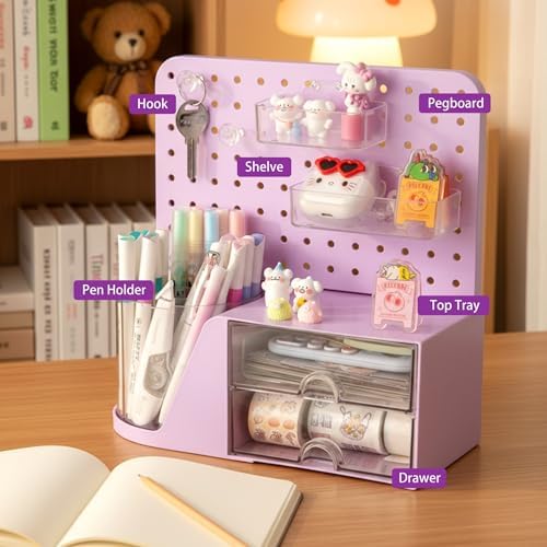 Comix Desk Organizer with 2 Drawer, Purple 360 Rotating Pen Holder for Desk - Image 3