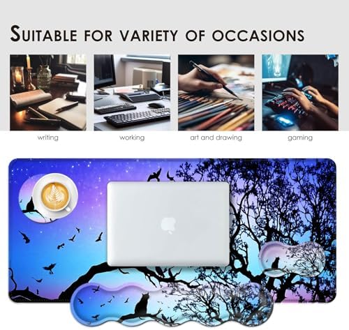 Large Keyboard Mouse Pad Set, Extended Mouse Pad+Keyboard Wrist Rest Support, Memory Foam Ergonomic Easy Typing, 4Pcs (31.5×11.8 in) Desk Pad Set for Office Home,Black Cat Under Starry Night - Image 7