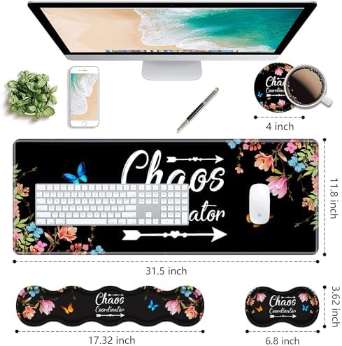 Ergonomic Keyboard Wrist Rest & Mouse Pad Wrist Rest Set, Chaos Coordinator Quote Vintage Watercolor Floral Large Gaming Desk Mat 31.5"x 11.8" with Memory Foam, Easy Typing Pain Relief for Home Office - Image 2