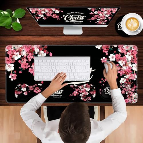Keyboard Wrist Rest and Mouse Pad with Wrist Support Set Ergonomic Coaster,Memory Foam,Easy Typing Pain Relief,Large XL Desk Mat 31.5"x 11.8",Floral Christian Quote - Image 4
