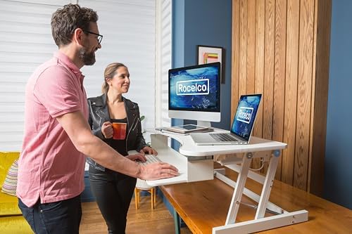 Rocelco 37.5" Height Adjustable Standing Desk Converter with Dual Monitor Mount and Slide Out Retractable Keyboard Tray - Sit Stand Up Double Screen Tabletop Riser Workstation - White (R DADRW-DM2) - Image 3