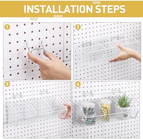 Suzile 2 Pcs Metal Garage Baskets Set with 4 Pegboard Hooks - Wall Mount Storage for Workbench, Bathroom Accessories - 3 Grid (White) - Image 4