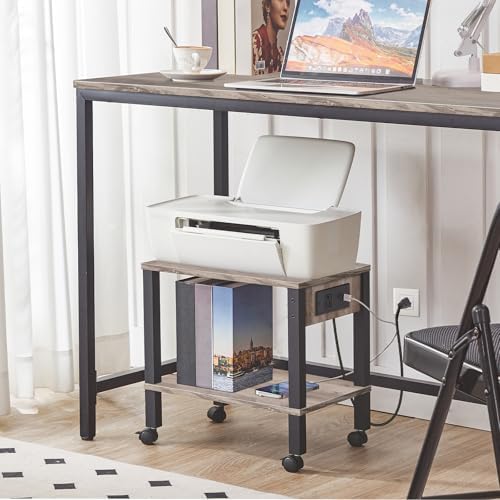 HOOBRO 2-Tier Printer Stand with Charging Station, Under Desk Printer Table, Printer Cart with Storage Shelves, Shelf for Small Spaces, for Home Office, Greige and Black BG38UPS01 - Image 3