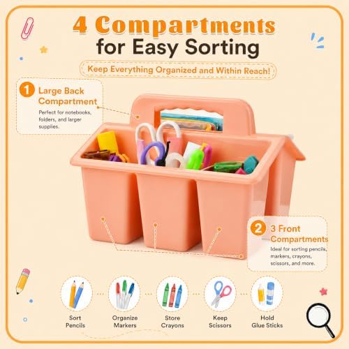 Plastic Classroom Caddy with Handle, 6 Pack 4-Compartment Teacher Supply Organizer, Stackable Desk Caddies for Pencils, Markers, Crayons, Art Craft Supplies, School Office Home, Modern Pastel Colors - Image 3