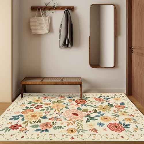 DUKINO 4x6 Area Rug, Floral Washable Office Chair Rug Non Slip Beige Yellow - Image 4