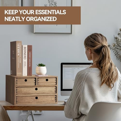 KIRIGEN Wood Desktop Organizers with Drawers Home Workspace Office Supplies Wooden Storage Box Shelf Case Hold Makeup Box with 4 Drawers Dark Brown - Image 2