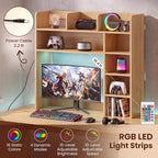 LDAILY Desktop Bookshelf with LED Lights, 35.5’’ Wooden Desk Shelf with 8 Cubes & 3 Adjustable Storage Shelves, 5-Tier Desk Hutch for Dorm College Office Computer Monitor Up to 25’’(Natural) - Image 4