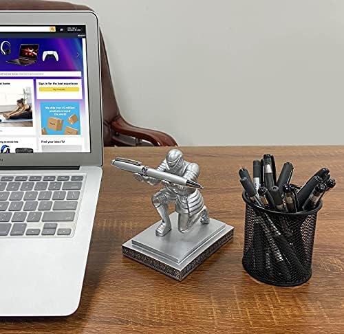 Executive Knight Pen Holder with A Cool Pen, Home Office Desk Organizers Decor Resin Pen Holder, Christmas Gift Idea for Dad, Uncle, Man, Boyfriend, Friends Silver - Image 2