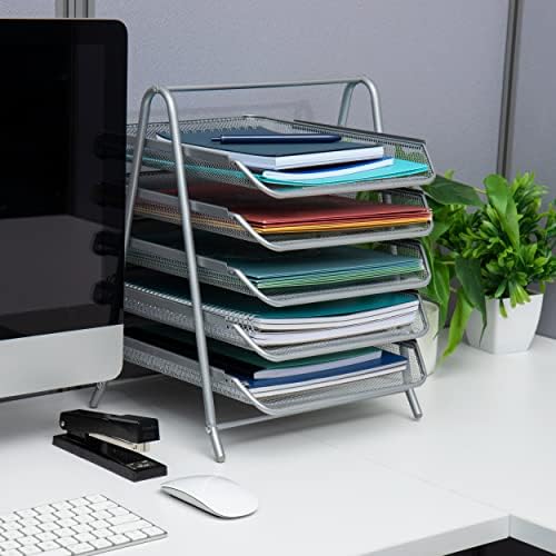 Mind Reader 5-Tier Paper Tray Organizer, Vertical Desktop File Storage Rack, Office, Metal Mesh, Silver 14.5" x 13.8" x 11.5" (Pack of 6) - Image 2