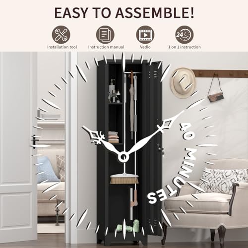 Slim Broom Closet Storage Cabinet, Black Metal Cabinets with Lock and & S-Hooks, Cleaning Supply Cabinet, 65x15.8x15.8 Utility Storage Cabinet for Garage, Office, Laundry Room - Image 6