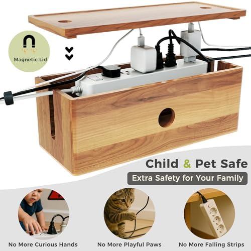 Large Cable Management Box Acacia Wood Cord Organizer Power Strip & Cables - Image 6
