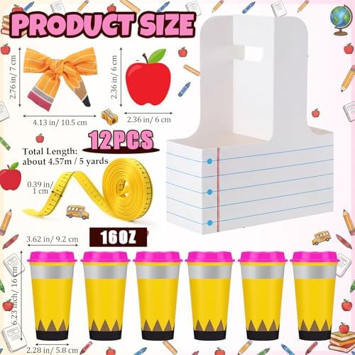 12 Set Pencil Teacher Coffee Cup Bulk Drink Holder Back to School Supply - Image 2