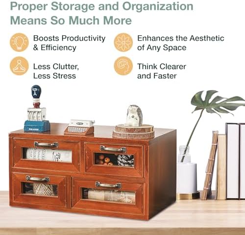 Store and Display Wooden Desk Top Organizer Cabinet - Mahogany Wood Display Chest with 4 See-Through Drawers - Additional Storage for Work Table, Vanity, Dresser Shelf or Kitchen Counter - Image 5