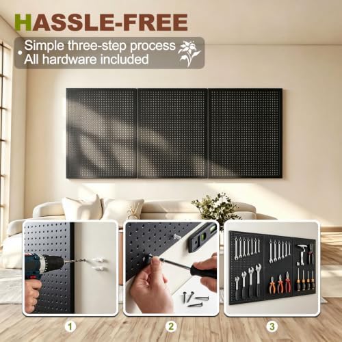 36 x 20 Inch Metal Pegboard Kit, 3Pack Pegboard Panels with 100Pack Hooks, Black Peg Board Wall Organizer for Garage Workbench - Image 6