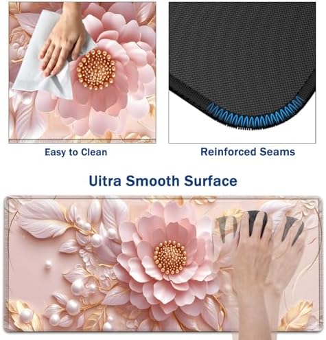 Large Mouse Pad + Keyboard Wrist Rest Set, Extended Gaming Mousepad (31.5X11.8 inch) with Non-Slip Rubber, Ergonomics Memory Foam Mouse Wrist Rest Support, Embossed Pink Flowers XXL Desk Pad - Image 3