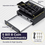 Volcora Cash Register Drawer for Point of Sale (POS) System with Fully Removable 2 Tier Cash Tray, 5 Bill/8 Coin, 12-24V, RJ11/RJ12 Key-Lock, Double Media Slot, Black - Image 3