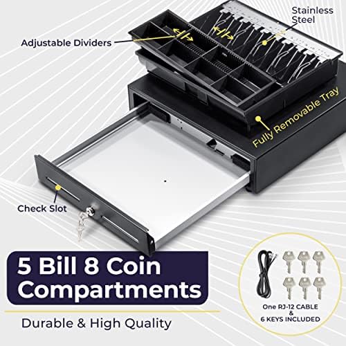 Volcora Cash Register Drawer for Point of Sale (POS) System with Fully Removable 2 Tier Cash Tray, 5 Bill/8 Coin, 12-24V, RJ11/RJ12 Key-Lock, Double Media Slot, Black - Image 3