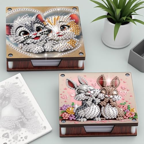 4pcs Cute Animal Diamond Art Painting Note Box for Adults, Wooden DIY Sticky Notes Holder Kit with 480 Blank Notepads, Multi-Purpose Desk Organizer for Home Office, Study Thoughtful Gift - Image 7