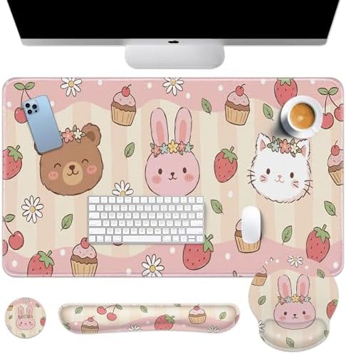 Arttown Keyboard Mouse Pad Set, 4 in 1 Desk Mat Set Strawberry Kawaii by Arttown