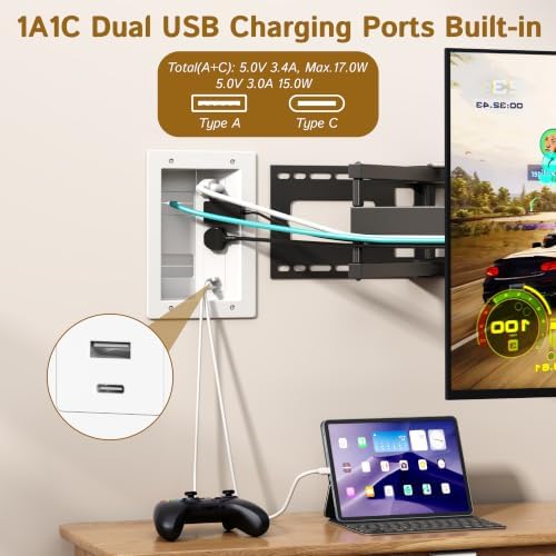 Plug'n in Wall Cable Management Kit,Recessed TV Wall Box with 3 AC Outlets,USB-A & USB-C Port,9.8FT Cord,Hide TV Wires for Wall Mounted TV,White - Image 5