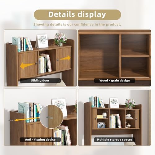 Mid Century Modern Desktop Bookshelf, 36 x 32 Inch Fluted Desk Hutch Storage with 2 Doors, Wooden Desk Shelf Organizer for Laptop, Desktop Shelf for Dorm, Study, Office, Walnut, Brown - Image 3