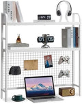 Desk Shelf, 36.8” Desktop Organizer Shelf with Grid Panel and Hooks, Desk Hutch for Computer Monitor, 2 Tier Desk Display Rack Wood Desktop Bookshelf Storage for Home Office Dorm (White, 36.8") by Grecodown