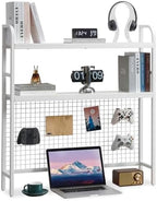 Desk Shelf, 36.8” Desktop Organizer Shelf with Grid Panel and Hooks, Desk Hutch for Computer Monitor, 2 Tier Desk Display Rack Wood Desktop Bookshelf Storage for Home Office Dorm (White, 36.8") by Grecodown