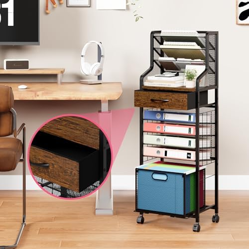 SWTYMIKI 10-Tier Rolling File Cart - Mesh Paper Organizer with Drawer & Hanging File Folders on Lockable Wheels, Rolling File Cabinet for Office Organization, Storage in Home, Studio, School, Espresso - Image 4