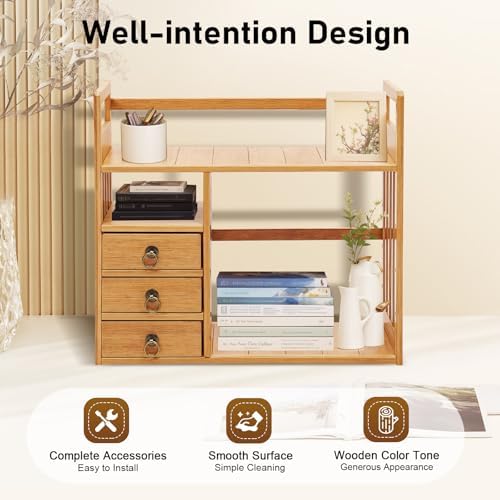 Bamboo Desktop Bookshelf, Organizer Office Desk Storage Display Shelf Rack with 3 Drawers Desk File, Office Counter Top Bookcase for Home School - Image 5