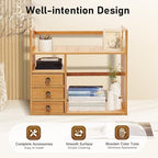 Bamboo Desktop Bookshelf, Desktop Bookshelf Organizer with 3 Drawers Desk Shelf Desktop Hutch Desk Bookshelf Desk Organizer Shelf Cute Small Desk Display Cubby Top for Home Office Bedroom - Image 2