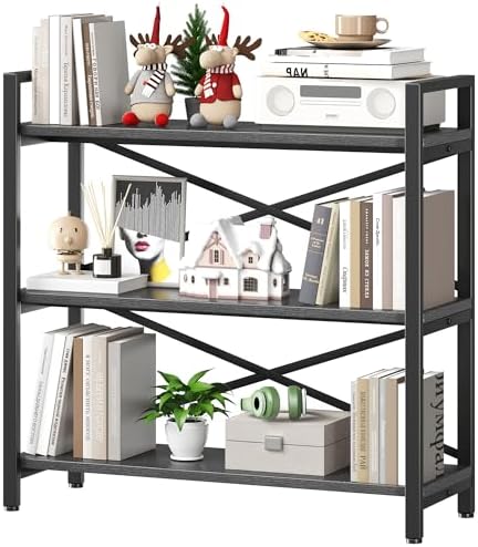 Homeiju 3 Tier Bookshelf 31.49" Width, Wood and Metal Etagere Bookcase, Vintage Farmhouse Modern Wooden Big Book Shelf for Home Living Room Bedroom Office Storage(Grey) by Homeiju