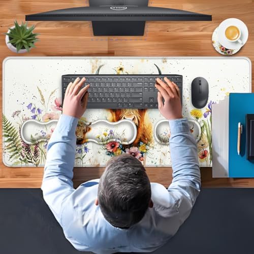 TGFEWYTJYJ Extended Gaming Mouse Pad,Memory Foam Ergonomic Keyboard Mouse Wrist Rest Support Set,Large Desk Mat with Stitched Edges,Non-Slip Base Mousepad Home Office,Cute Highland Cow - Image 7