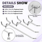 Hicarer 200 Pcs Stainless Steel Pegboard Hooks Multiple Sizes Fit 1/4" or 1/8" Pegboard Ideal for Garage Tool Organization, Wall Storage(4 Inch, 6 Inch, 8 Inch) - Image 3