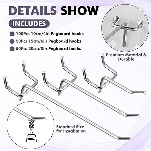 Hicarer 200 Pcs Stainless Steel Pegboard Hooks Multiple Sizes Fit 1/4" or 1/8" Pegboard Ideal for Garage Tool Organization, Wall Storage(4 Inch, 6 Inch, 8 Inch) - Image 3