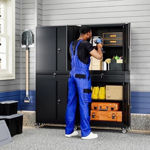 Yizosh Metal Garage Storage Cabinet with Locking Doors and Adjustable Shelves, 73" Rolling Tool Storage Cabinet with 4 Wheels and 1 Drawer for Garage,Warehouse (Black) - Image 2