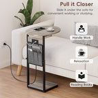 Vagusicc C Shaped End Table with Charging Station, 32" Tall Side Table for Couch and Recliner, Adjustable Height Small Couch Side Table Slide Under Sofa TV Tray Table for Living Room, Bedroom, Greige - Image 5