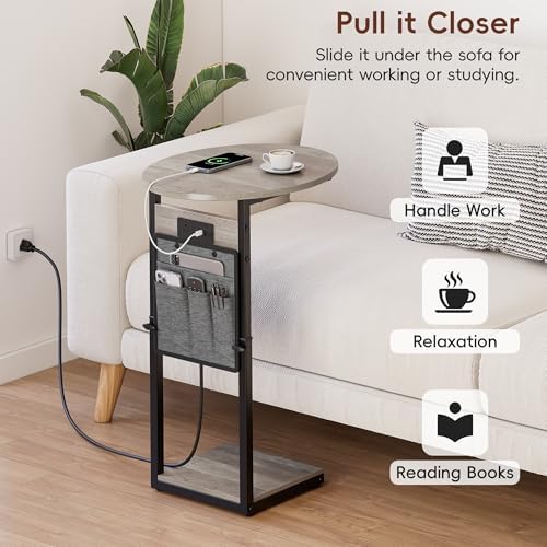 Vagusicc C Shaped End Table with Charging Station, 32" Tall Side Table for Couch and Recliner, Adjustable Height Small Couch Side Table Slide Under Sofa TV Tray Table for Living Room, Bedroom, Greige - Image 5