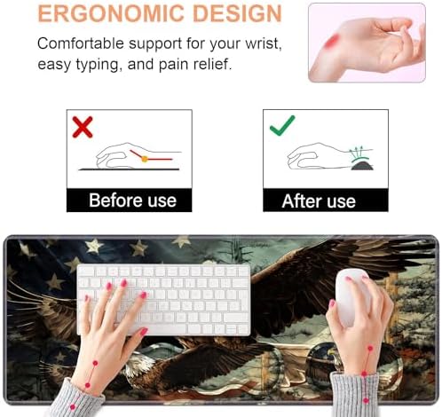 Ergonomic Keyboard Wrist Rest & Mouse Pad Wrist Rest Set,Large Gaming Desk Mat 31.5"x 11.8" with Non-Slip Base,Memory Foam,Easy Typing Pain Relief for Home & Office,Patriotic American Flag Bald Eagle - Image 5
