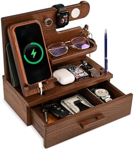 TESLYAR Wood Phone Docking Station with Drawer - Nightstand Organizer - Desk Organizer for Husband - Birthday Gifts for Men, Dad, Anniversary Idea, Key Holder Stand Watch & Accessories (Bourbon Brown) by TESLYAR