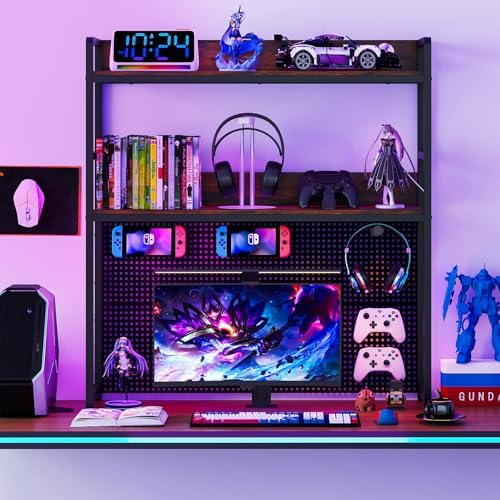 Desk Hutch, 37" Desktop Bookshelf with Pegboard, Countertop Storage Hutch for Computer Monitor, 2-Tier Desk Display Rack, Desktop Organizer Shelf for Dorm Home Office, Rustic Brown - Image 3