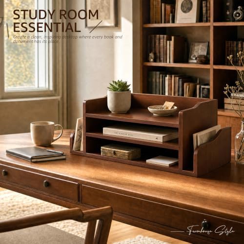 Wood Desk Organizer: File Organizer with 3-Tier Shelf and Side Slots, Brown - Image 3