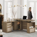 63 Inches L Shaped Standing Desk, Executive Electric Adjustable Desk with Storage Drawers and File Cabinet, AC/USB, 1.18" Thiken Desktop and Privacy Panel for Home Office, Natural Oak by Perledesign%E2%80%93WorkinStyle